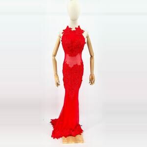 Sexy Issue New York Red Floral Lace Sheer Mesh Halter Backless Mermaid Gown
